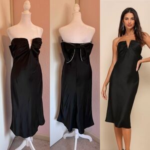 Luxe Crush Black Satin Rhinestone Bow Strapless Midi Dress from Lulus